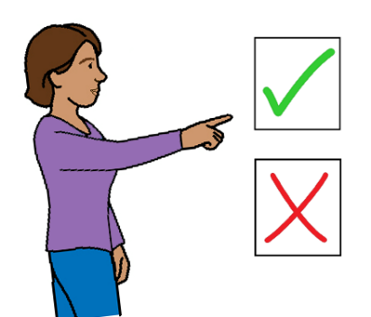 Person pointing to a box with a green tick, which is next to a box with a red cross.