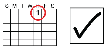 Calendar grid with one of the days circled in red. Next to it is a large box with a tick mark.