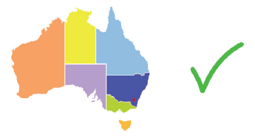 Map of Australian states and territories, next to a green tick.