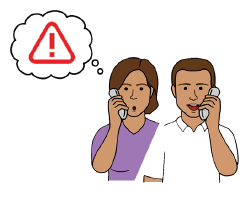 Two people on the telephone, one with a thought bubble containing a danger sign.