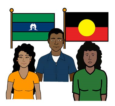 Three people below the Aboriginal and Torres Strait Islander flags.