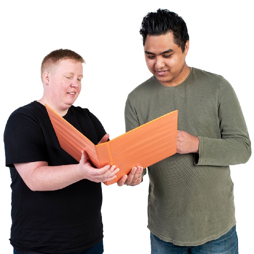 2 people reading a document. 