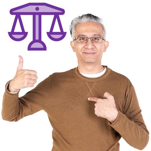 A person pointing to themself and raising their other hand. Above them is a scales of justice icon. 