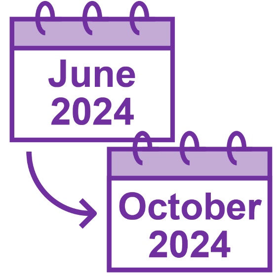 An arrow pointing from a calendar that reads 'June 2024' to another calendar that reads 'October 2024'. 