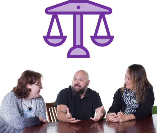 3 people talking under a scales of justice icon.