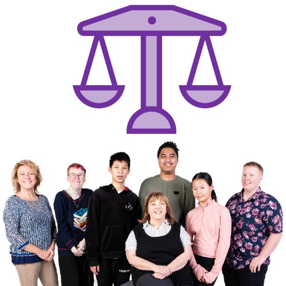 A group of people with a balanced justice scale above their heads.