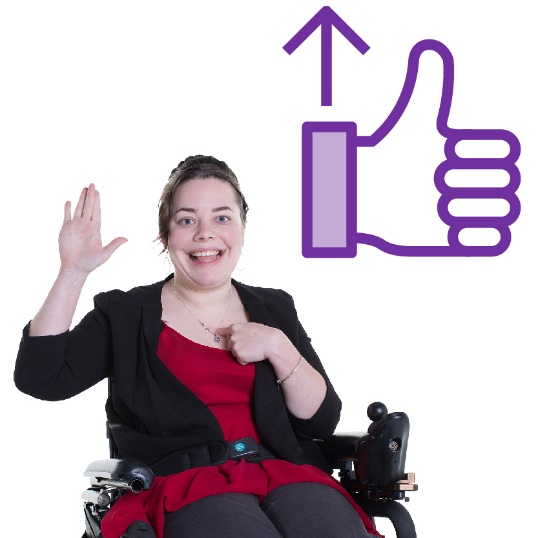 A person in a wheelchair pointing to themself and raising their other hand. Next to them is a thumbs up and an arrow pointing up. 