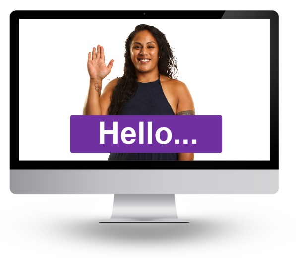 A computer with a person waving on the screen. Under the person is a caption that says 'Hello'.