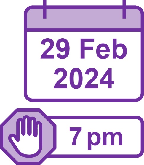 A calendar that reads '29 February 2024' above a stop icon next to the words '7 PM'.