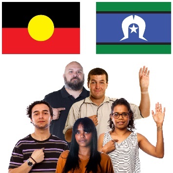  A group of Aboriginal and Torres Strait Islander people raising their hands and pointing at themselves. Above them is the Aboriginal flag and the Torres Strait Islander flag.