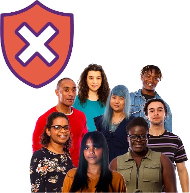  A group of people from different backgrounds. Above them is a safety icon with a cross.