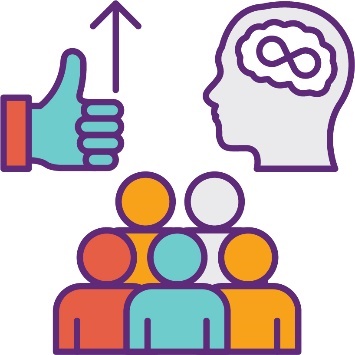 A group of people, a thumbs up icon with an arrow pointing up and an Autism icon.