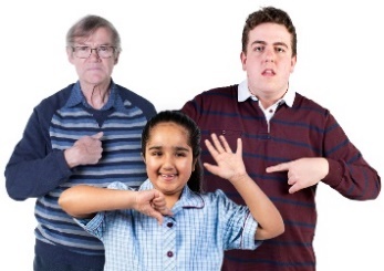 3 people of different ages pointing at themselves.