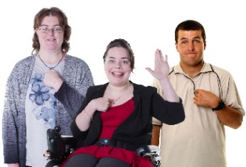 3 people with disability pointing at themselves.