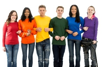 a group of people standing in a line and wearing the rainbow pride flag colours.