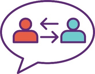 A speech bubble with 2 people inside in. There are 2 arrows pointing between the 2 people. 