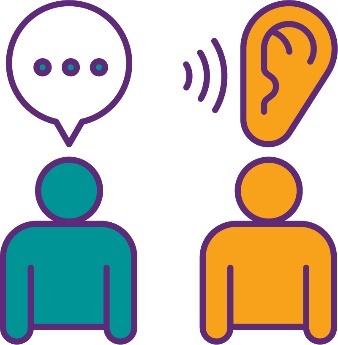 A person with a speech bubble and a person with an ear icon.