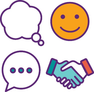 4 icons. A thought bubble, a smiley facing, a speech bubble and a shaking hands icon.