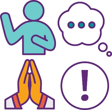 4 icons. A person pointing at themselves, a thought bubble, hands in prayer and an importance icon.