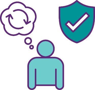 A person with a thought bubble and a safety icon. Inside the thought bubble is a change icon.