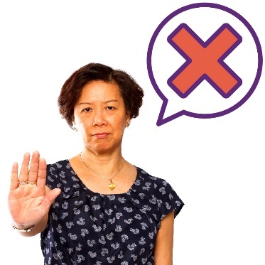  A person motioning stop and a speech bubble with a cross inside it.