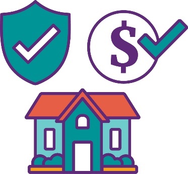 A house, a safety icon and a dollar icon with a tick beside it.