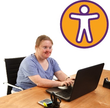  A person using a computer and an accessibility icon.