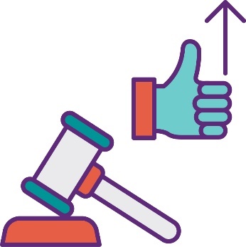  A gavel and a thumbs up icon with an arrow pointing up.