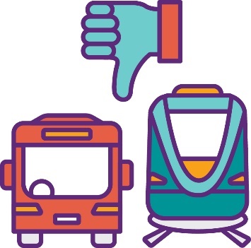 A bus and a train with a thumbs down icon.