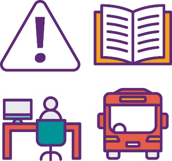 4 icons. A problem icon, a book, a person at a desk and a bus.