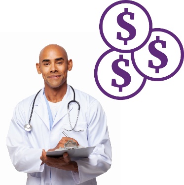 A doctor and money icons.