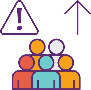 A group of people, a problem icon and an arrow pointing up.