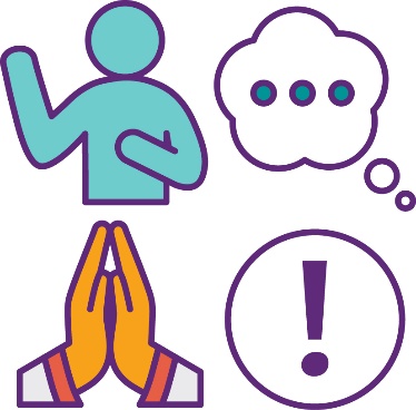 4 icons. A person pointing at themselves, a thought bubble, hands in prayer and an importance icon.