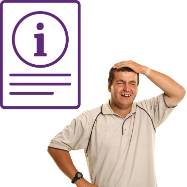 A person looking upset and a document with an information icon on it.