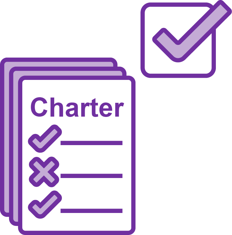 A document with the word 'Charter' on it, with a tick icon above it.