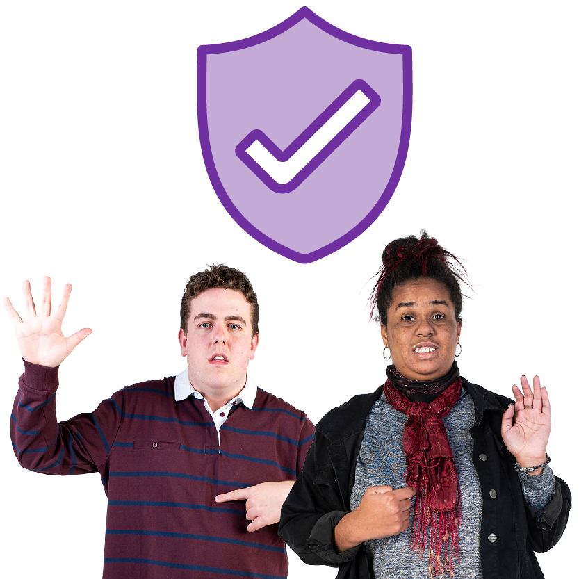 Two people pointing at themselves with a safety icon above them.