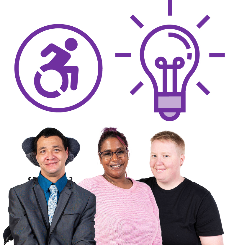 A group of people with a disability icon  and a lightbulb icon above them.