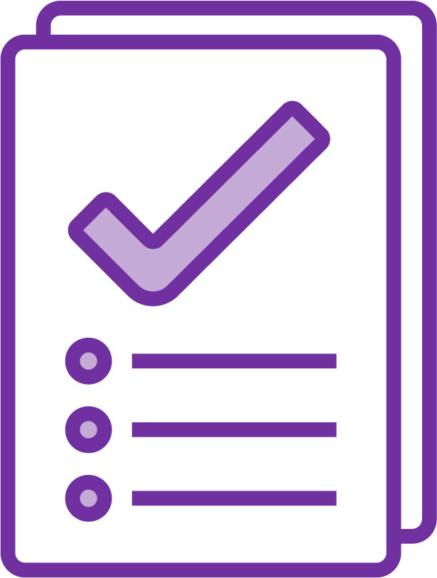 A document icon showing a list of items and a tick above them.