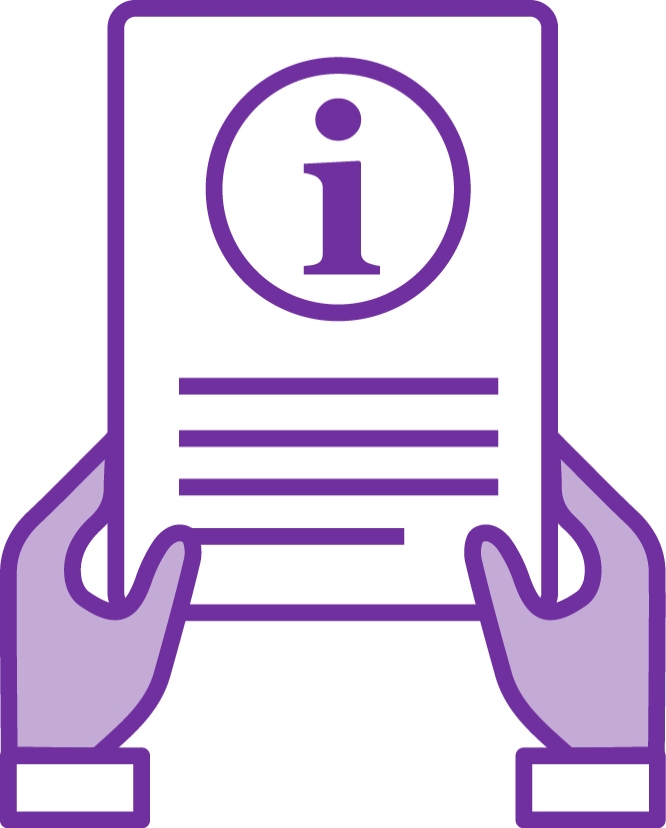 An icon of two hands accepting a document with an information icon on it.