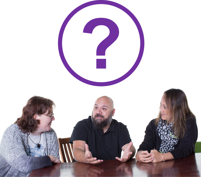 Three people sharing ideas at a table with a question mark above their heads.