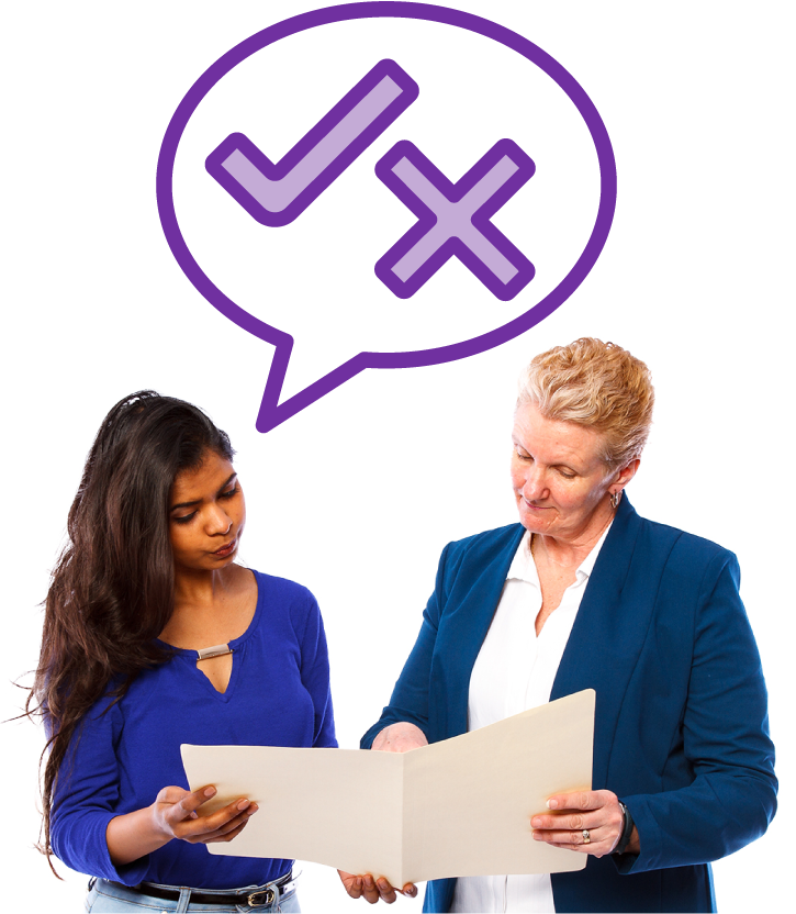 Two people reading a document together. One of them has a speech bubble with a tick and a cross in it.