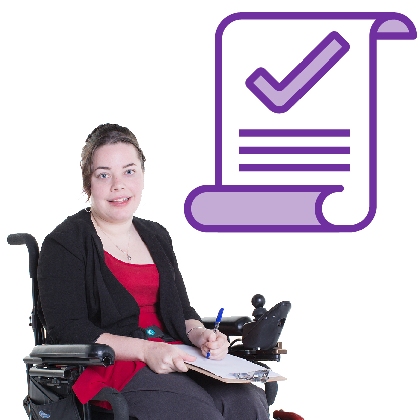 A person in a wheelchair with a law icon above them, showing a scroll with a tick on it.