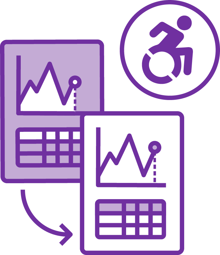 A data icon with an arrow pointing to another data icon in a different colour, with a disability icon above it.