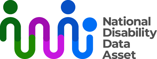 The National Disability Data Asset logo which is a curved colourful line connected to dots to symbolise linking people and data