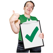 A person giving a thumbs up, holding a clipboard with a green tick.