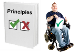 A principles book. A person in a wheelchair giving a thumbs up and holding a clipboard with a green tick.