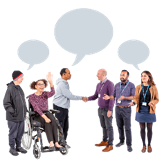 A group of people with disabilities meeting with another gorup of people.