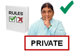 A rules book. A person with a finger on their mouth and the word, 'Private'. A green tick.