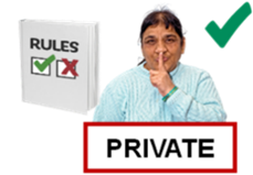 A rules book. A person with a finger on their mouth and the word, 'Private'. A green tick.