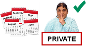 A collection of calendars. A person with a finger on their mouth and the word, 'Private'. A green tick.